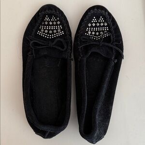 Minnetonka Black Suede Moccasins with Rhinestone Detail